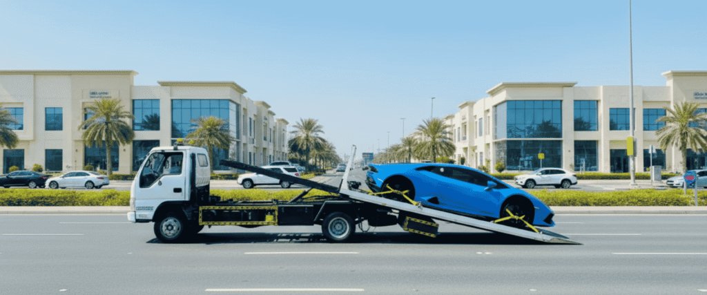 Realistic wide-format image of a white recovery truck transporting a classic vintage car (e.g., a burgundy convertible) through the historic **Bur Dubai** district. Traditional Arabian architecture, including wind-tower buildings and a creek with traditional boats, forms the backdrop.