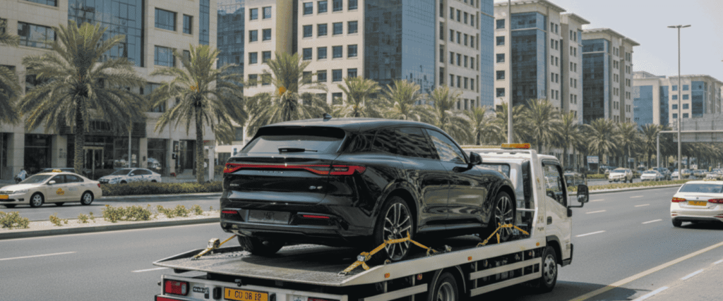 Professional and realistic image of a black SUV securely loaded onto a flatbed recovery truck. The scene is set in **Dubai Production City (DPC)** with modern office buildings and lush palm trees in the background, captured with a wide perspective.