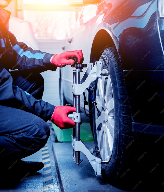 A mechanic wearing red gloves is adjusting the wheel alignment of a car using a specialized tool in an automotive workshop. The black vehicle is lifted slightly, and the technician is ensuring precise suspension adjustment. We provide professional tire change services in Dubai and Sharjah, ensuring safe and efficient replacements for your vehicle.