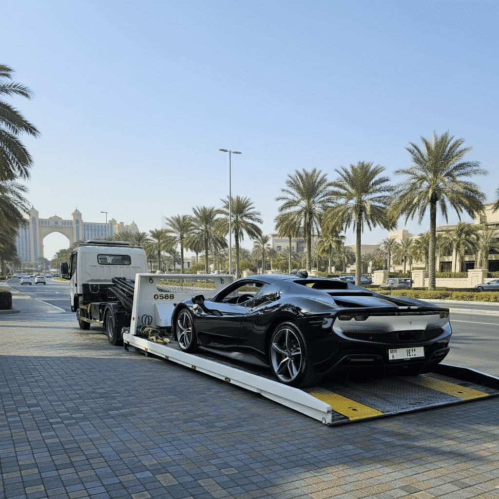 A Car image for "car recovery in Dubai" shows a white recovery truck carefully picking up a sleek, black breakdown sports car on the streets of Palm Jumeirah. The scene highlights "breakdown assistance Dubai" and "sports car towing Dubai" with the iconic Atlantis, The Palm resort visible in the background, making it ideal for "vehicle recovery services Dubai" and "roadside assistance Dubai.