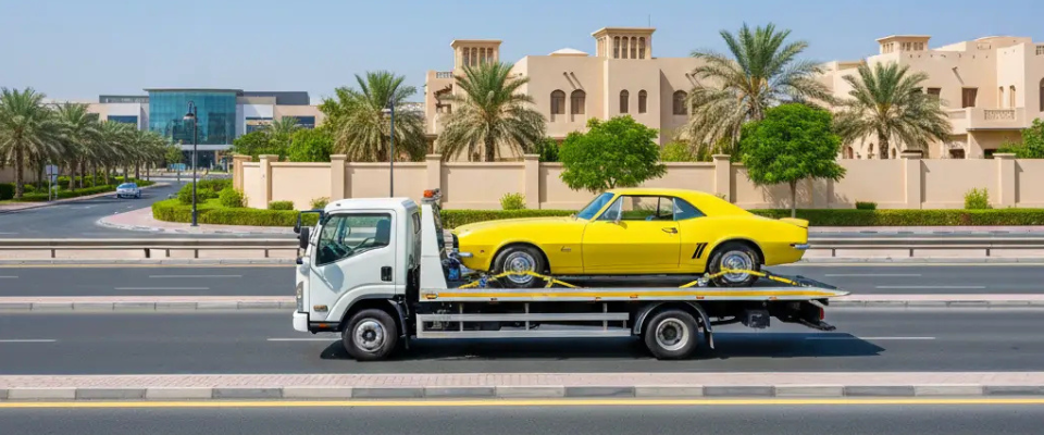 Extremely realistic wide-format image of a white recovery truck hauling a bright yellow classic sports car (e.g., a vintage muscle car). The setting is a sunny street in **Al Khawaneej, Dubai**, with traditional-style villas and modern buildings in the background, surrounded by palm trees.