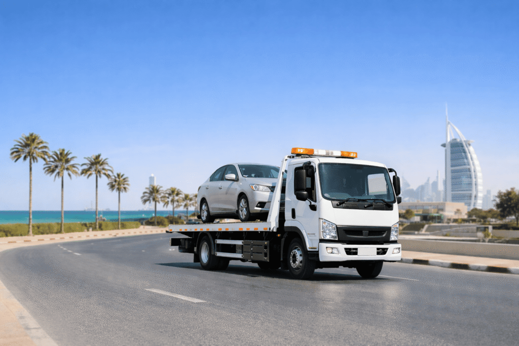 White flatbed tow truck carrying a sedan on Umm Suqeim coastal road in Dubai with palm trees and Burj Al Arab in the background, providing emergency car recovery and roadside assistance