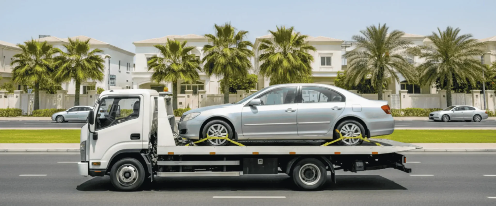 Highly realistic wide-format image of a white recovery truck transporting a silver sedan through the residential area of **Al Twar, Dubai**. Modern villas and green landscaping with palm trees line the street under a clear blue sky.
