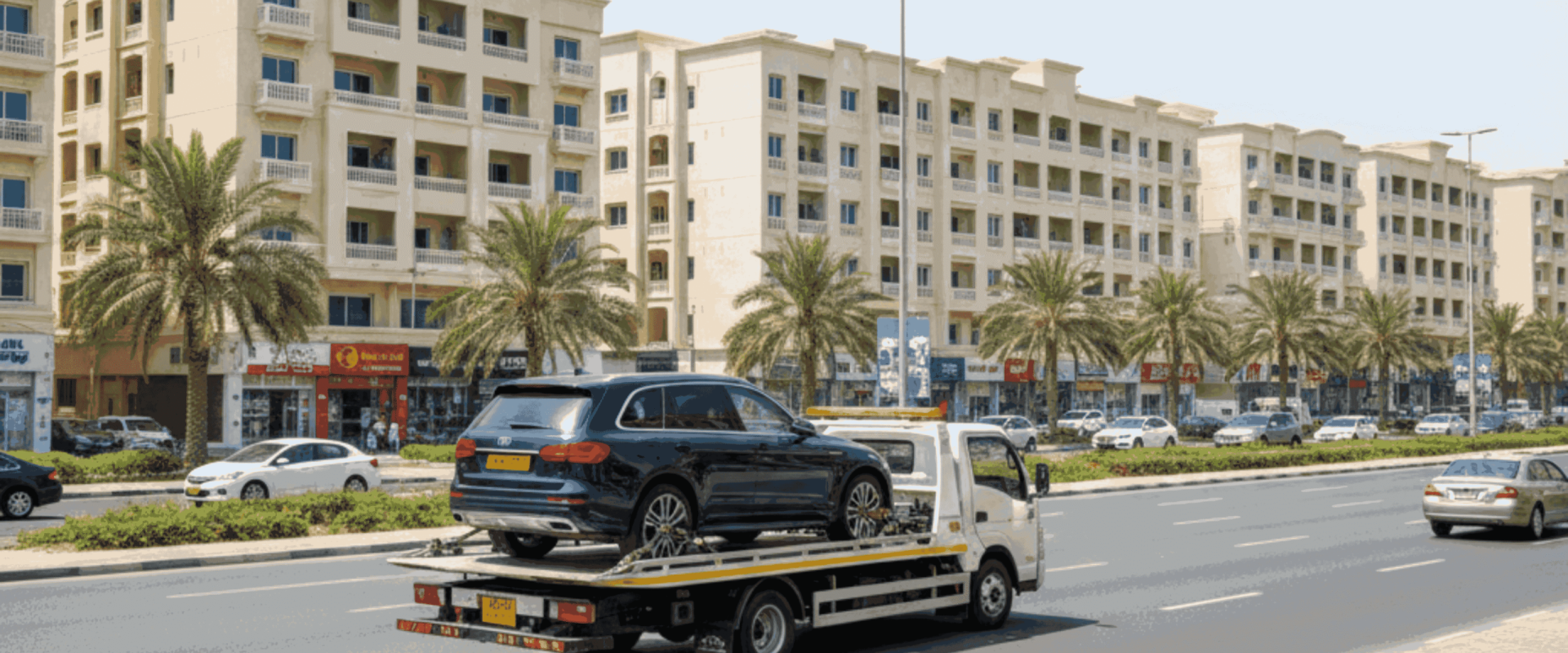 Highly realistic, wide-format image of a white flatbed recovery truck transporting a dark blue SUV along a bustling street in **Dubai Al Nahda**. The background features residential buildings, palm trees, and other vehicles under a clear sky.