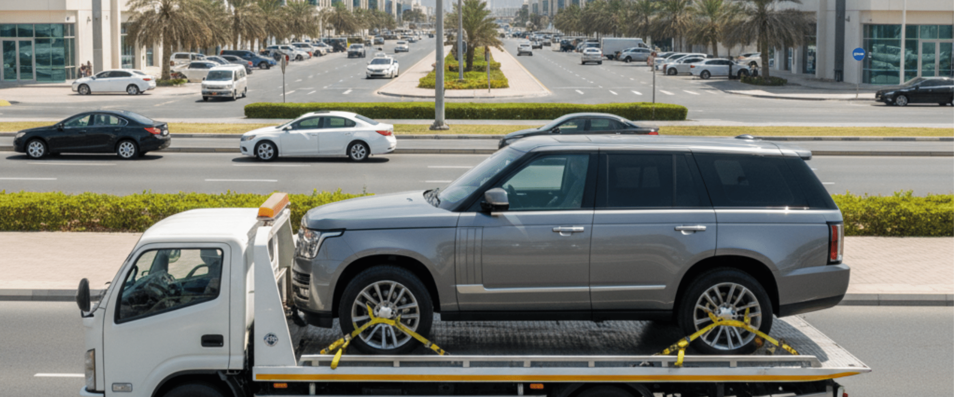 SUV being towed by a flatbed truck in the commercial district of Dubai Investment Park