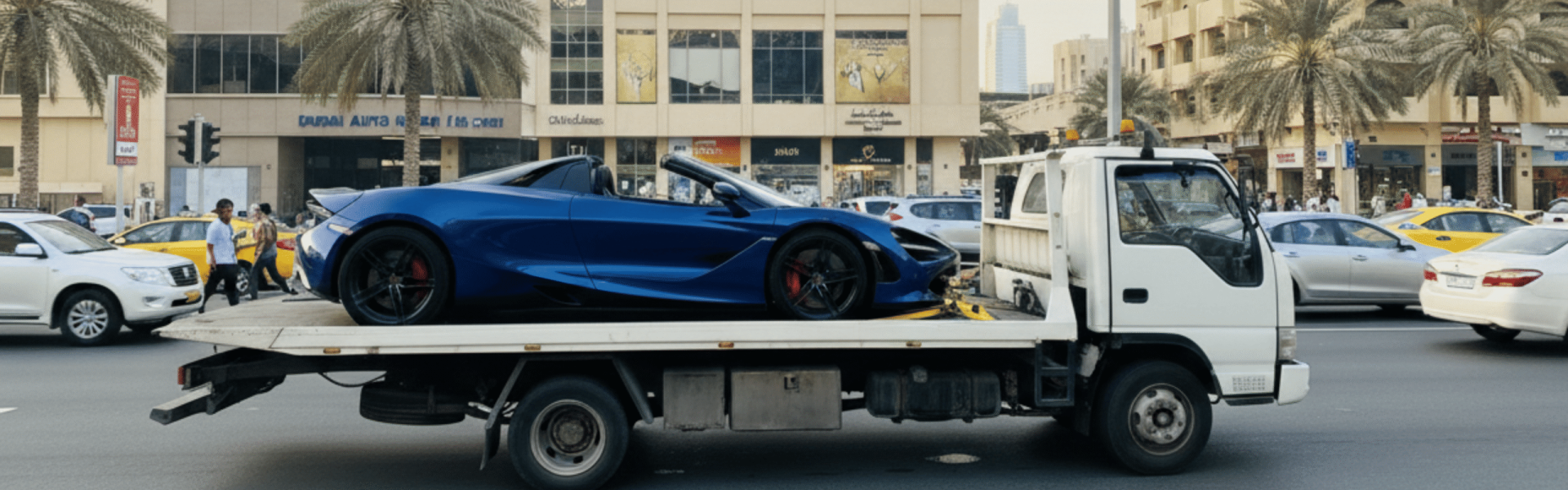 Dubai Deira street view with a white recovery tow truck hauling a vibrant blue McLaren (or similar luxury convertible) against a backdrop of high-rise skyscrapers and traffic.