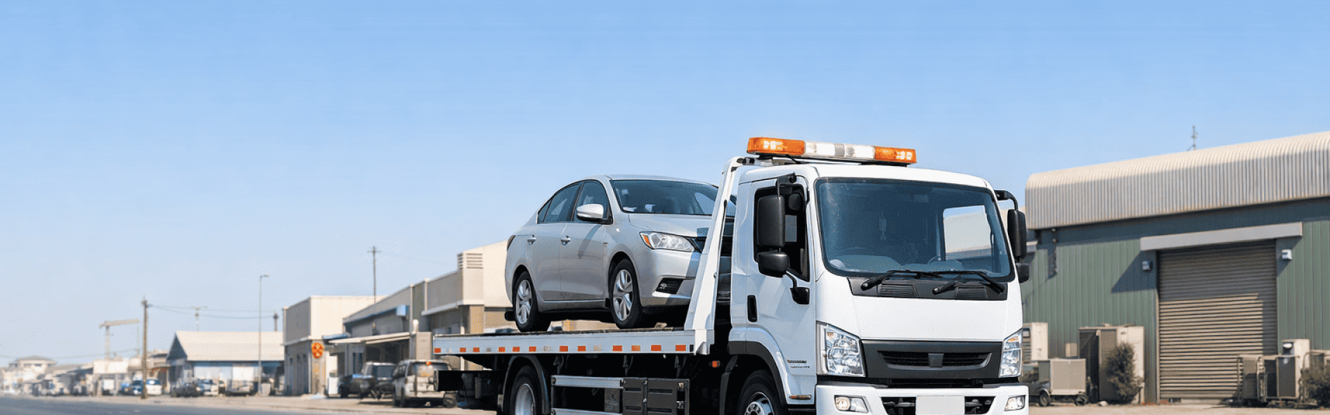 Car Recovery Service in Al Quoz Dubai with white flatbed towing truck carrying a vehicle